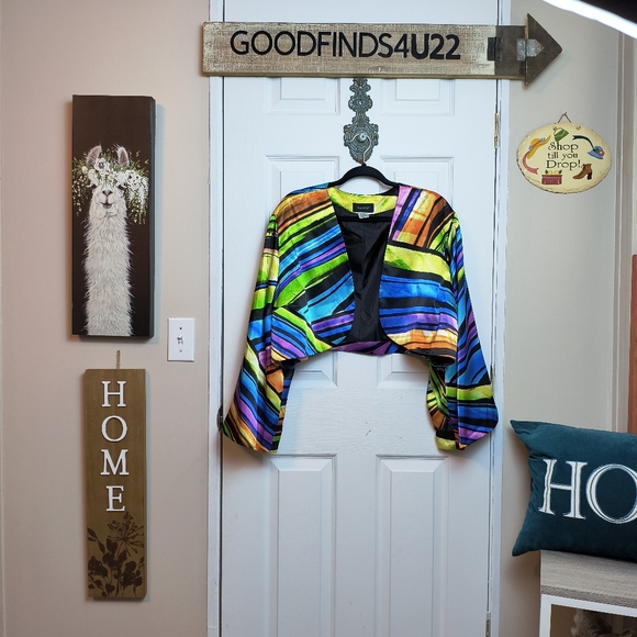 Ashro Rainbow Cropped Open Front Bell Sleeve Blazer Jacket 26 - Picture 1 of 7